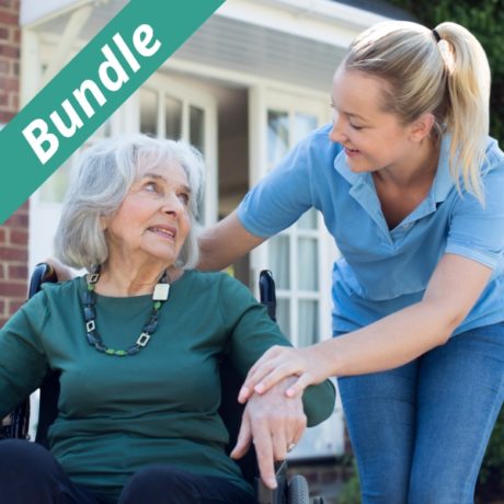 caregiver looking at elderly woman
