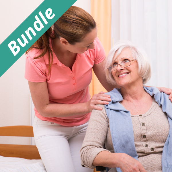 caregiver comforting and smiling at elderly woman