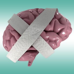 A graphic image depicting a human brain in pink, overlaid with two crossed silver duct tapes, set against a soft teal background.