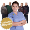 LGBT-thumbnail-CA-required A confident nurse with a rainbow pin stands in front of a group of elderly individuals, accompanied by a "California Required" badge.