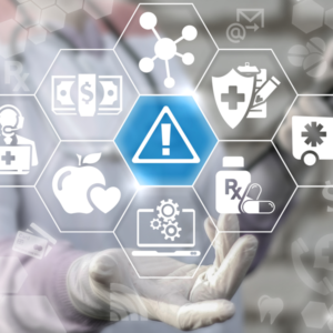 A conceptual image showing a hand interacting with a futuristic interface of healthcare and technology icons, symbolizing advanced medical informatics.