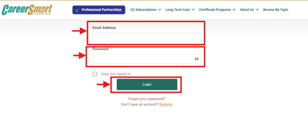 The login section of the website showing Email Address, Password, and a Login button.