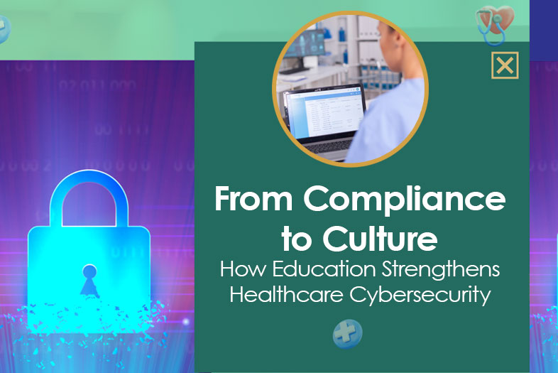 Abstract illustration of healthcare cybersecurity with shield, medical symbols, and data protection icons