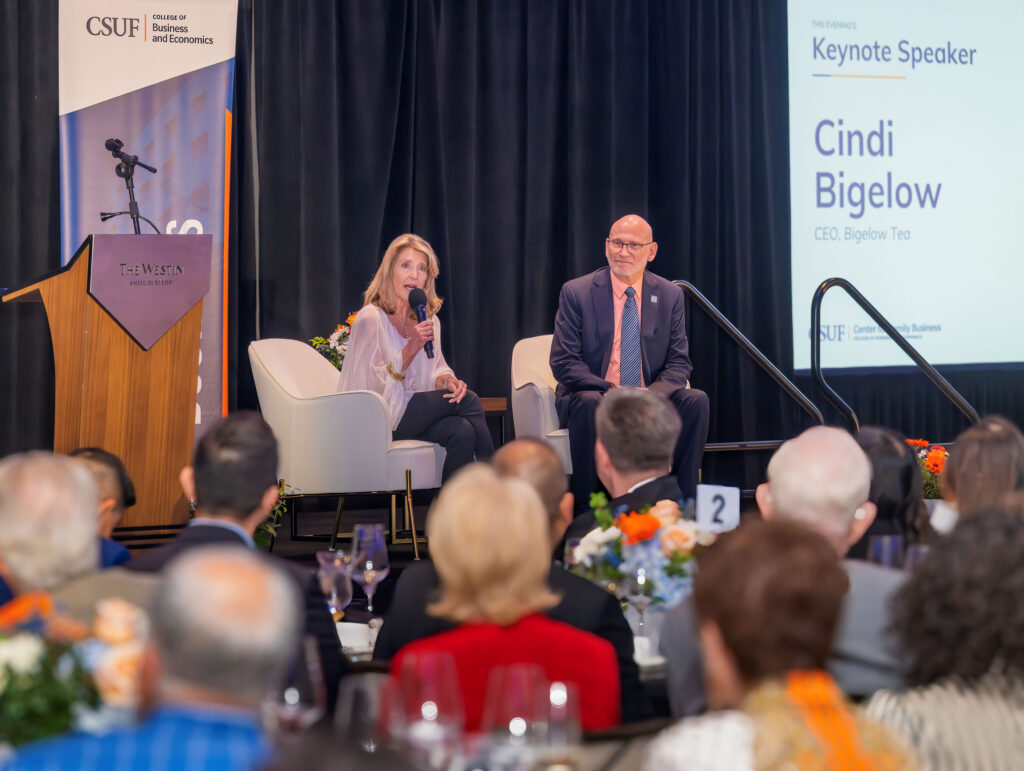 Cindi Bigelow, CEO of Bigelow Tea, sits on stage with Tim Schultz, Director of the CSUF Center for Family Business, during the keynote interview.