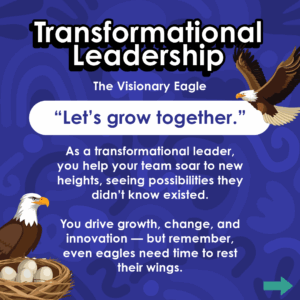 "Slide for Transformational Leadership featuring an eagle. Text reads: 'Let’s grow together.' The eagle represents visionary leadership and inspiring growth."