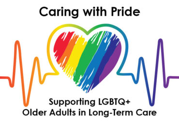 Heart with rainbow colors and an EKG line, promoting LGBTQ+ inclusive care for older adults in long-term care.
