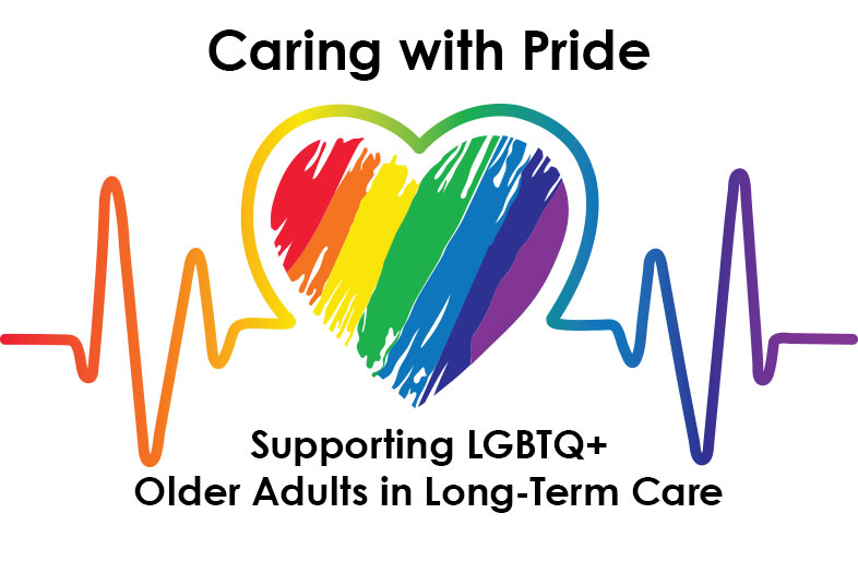 Heart with rainbow colors and an EKG line, promoting LGBTQ+ inclusive care for older adults in long-term care.