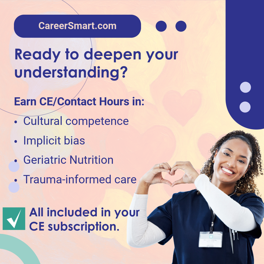Smiling nurse forms a heart shape with her hands. Text reads: “Ready to deepen your understanding?” with a list of CE topics and a message: “All included in your CE subscription.”