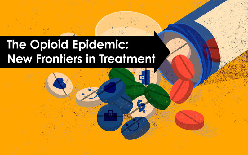 Illustration of a pill bottle spilling various colored pills, symbolizing the opioid crisis. Text overlay reads: "The Opioid Epidemic: New Frontiers in Treatment."