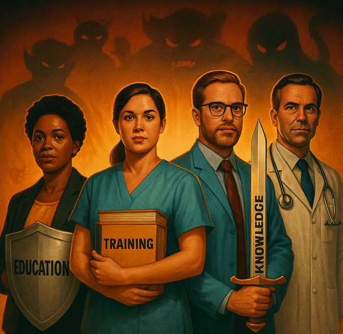 Retro 1980s-style poster showing four diverse healthcare professionals—a nurse, doctor, administrator, and social worker—standing confidently with glowing tools labeled “Education,” “Training,” and “Knowledge.” Warm orange and teal lighting casts a heroic glow as faint compliance monsters lurk behind them.
