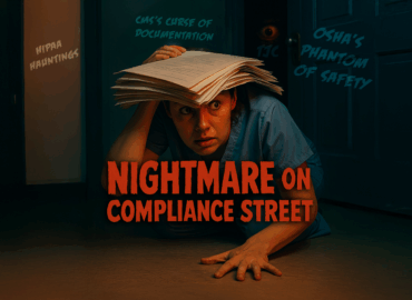 Photo-realistic horror movie poster titled “Nightmare on Compliance Street” featuring a frightened nurse in teal scrubs crouching under a pile of paperwork. Dim orange and blue lighting gives an eerie 1980s movie feel. Behind her, a dark door is slightly open with a glowing eye peeking through. The walls feature phrases like “HIPAA Hauntings,” “CMS’s Curse of Documentation,” “TJC,” and “OSHA’s Phantom of Safety.”