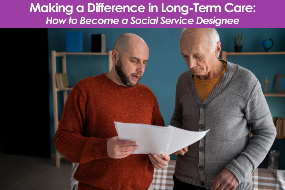 man assisting elderly man with social service paperwork