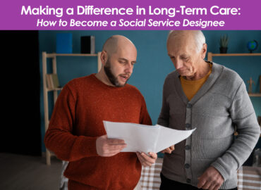 man assisting elderly man with social service paperwork