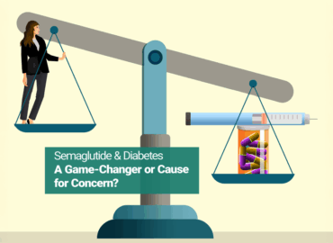 semaglutide-and-diabetes-pros-and-cons Illustration of a balance scale comparing a woman on one side with semaglutide medication and a pill bottle on the other, representing the question of whether semaglutide is a game-changer or a cause for concern in diabetes care.