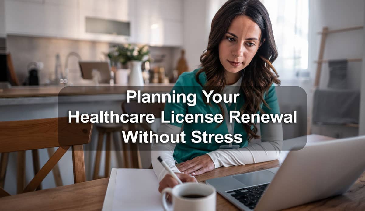 Healthcare professional reviewing license renewal requirements on a laptop at home, planning continuing education without stress
