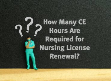 required-hours-for-nurse-license-renewal Nurse figure standing next to question marks with text asking how many CE hours are required for nursing license renewal