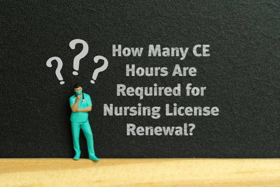 Nurse figure standing next to question marks with text asking how many CE hours are required for nursing license renewal