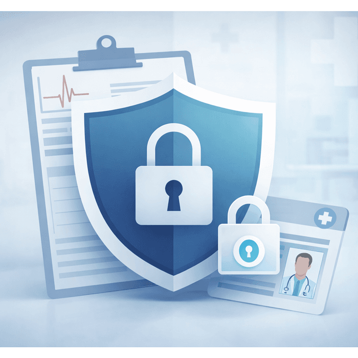 Shield and lock icon overlaying medical chart and staff credentials symbolizing healthcare employer CE compliance and license protection.