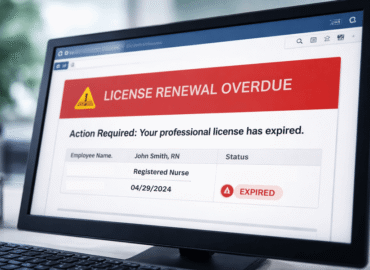 Healthcare compliance dashboard showing “License Renewal Overdue” alert and expired professional license notification on computer screen.