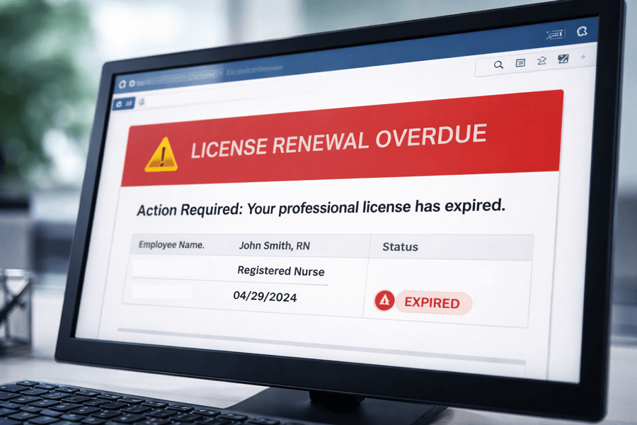 Healthcare compliance dashboard showing “License Renewal Overdue” alert and expired professional license notification on computer screen.