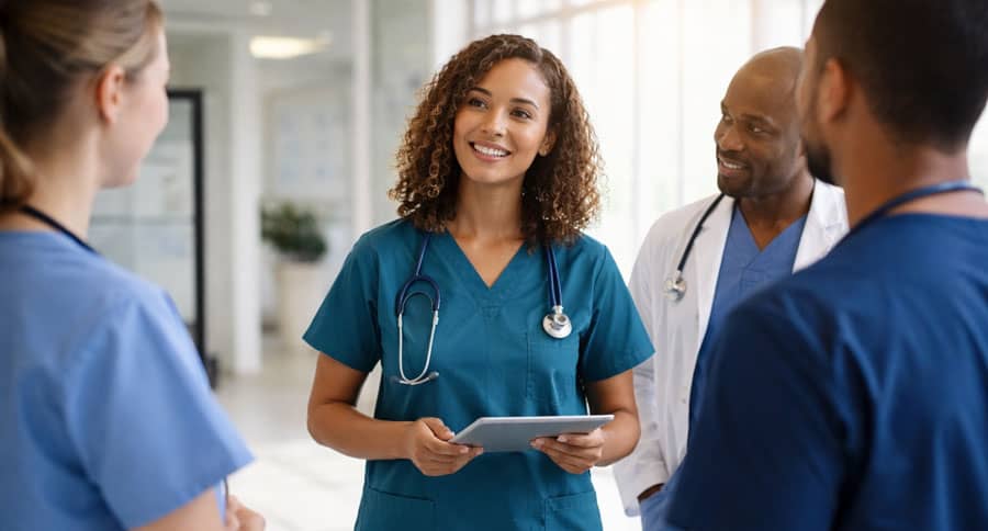 Nurse leader facilitating a team huddle with healthcare staff in a hospital setting, representing clinical leadership and team collaboration