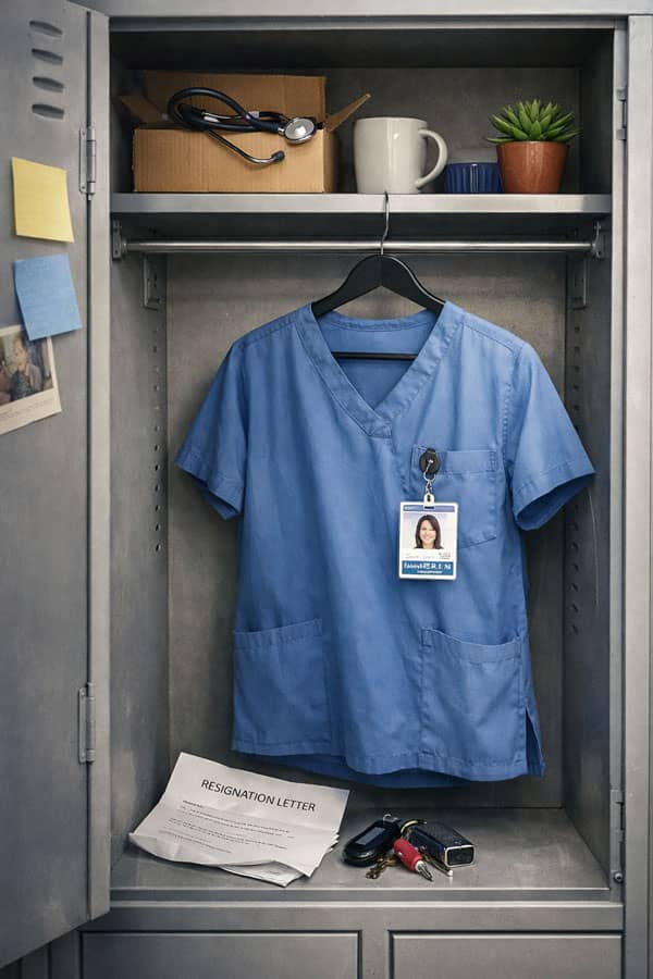 Open hospital locker with blue nurse scrubs and ID badge hanging on a hanger, symbolizing nurse turnover and staff departure in healthcare