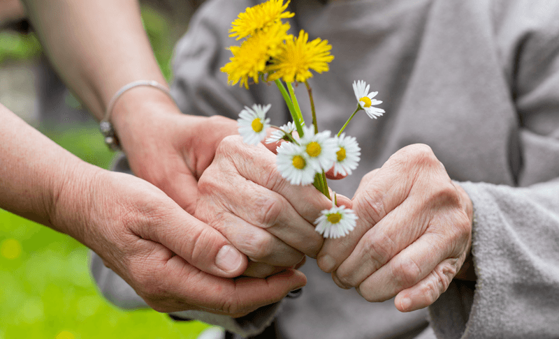 Caregiver gently holding the hands of an older adult with dementia while they hold wildflowers during Alzheimer’s Awareness Month