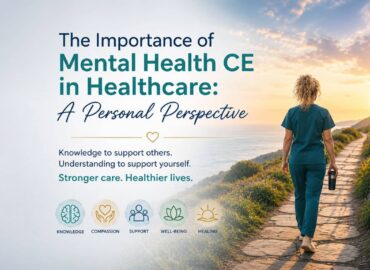 Blonde nurse with curly hair walking along a sunlit path beside the ocean, representing mental health CE, compassion, support, well-being, and healing in healthcare.
