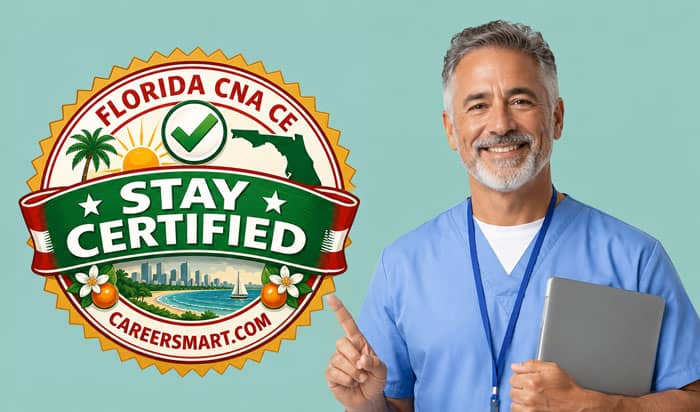 Male Florida CNA in blue scrubs pointing to a Stay Certified Florida CNA CE seal for CareerSmart continuing education.