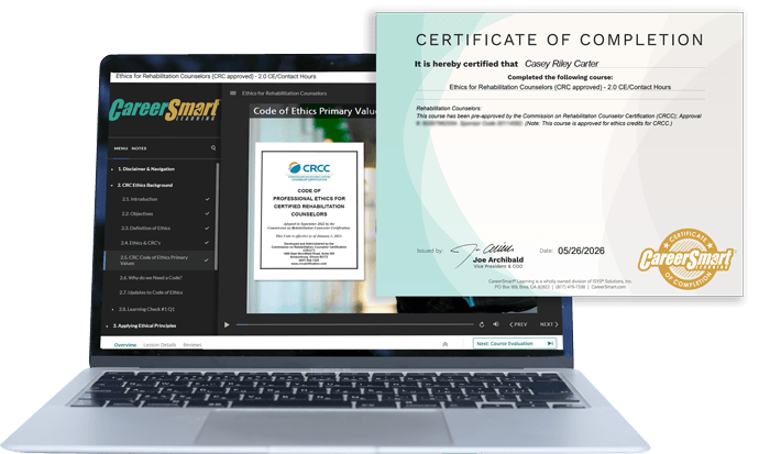 Laptop displaying a CareerSmart CRC ethics continuing education course with a certificate of completion for Certified Rehabilitation Counselors.
