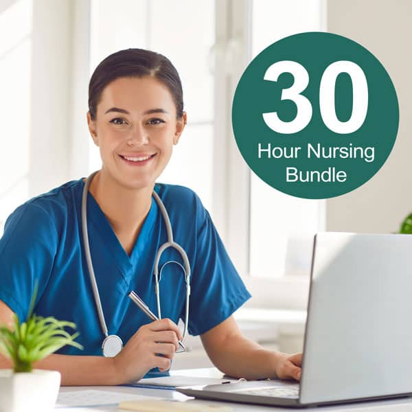 Nurse completing online CE course for 30 hour nursing bundle