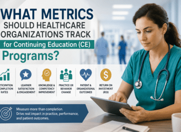 Healthcare professional reviewing continuing education program metrics on a tablet with icons for completion rates, learner engagement, competency, practice change, outcomes, and ROI.