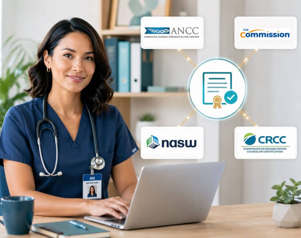A nurse in navy scrubs sits at a laptop in a bright office setting, with a stethoscope and RN badge visible. Credential icons for CRC, CCM, RN, and NASW appear beside a certificate graphic.