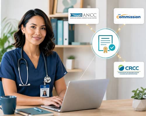 A nurse in navy scrubs sits at a laptop in a bright office setting, with a stethoscope and RN badge visible. Credential icons for CRC, CCM, RN, and NASW appear beside a certificate graphic.