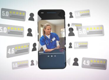 Healthcare professional on a smartphone surrounded by five-star ratings, representing building a personal brand in healthcare through trust, professionalism, and reputation.