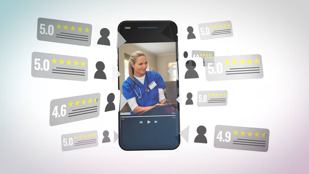 Healthcare professional on a smartphone surrounded by five-star ratings, representing building a personal brand in healthcare through trust, professionalism, and reputation.