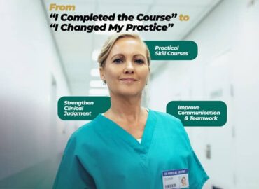 Healthcare professional in scrubs with text highlighting practical skill courses, stronger clinical judgment, and improved communication and teamwork.