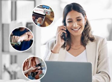 Case manager coordinating care by phone and laptop with icons representing appointments, mobility support, and patient care.
