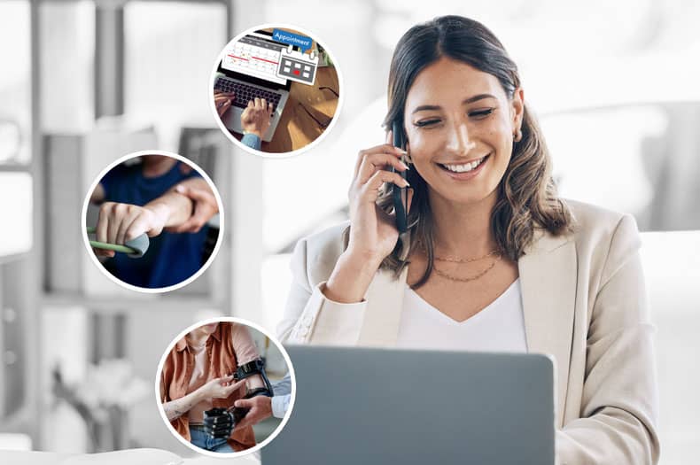Case manager coordinating care by phone and laptop with icons representing appointments, mobility support, and patient care.